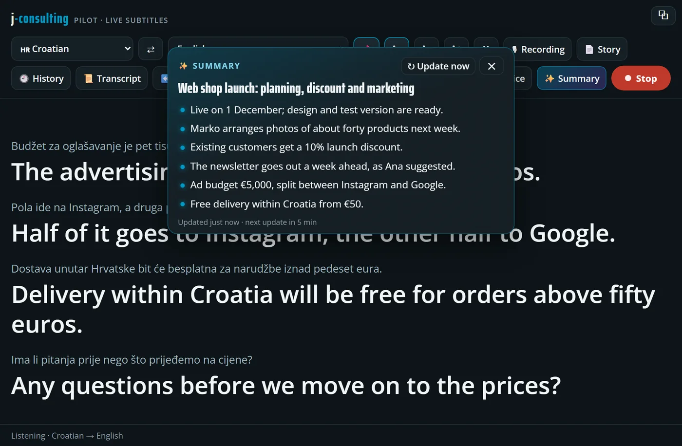Live Subtitles: AI summary