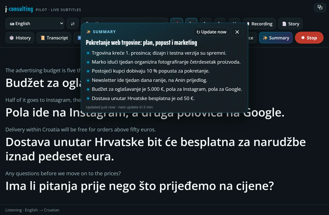Live Subtitles: AI summary