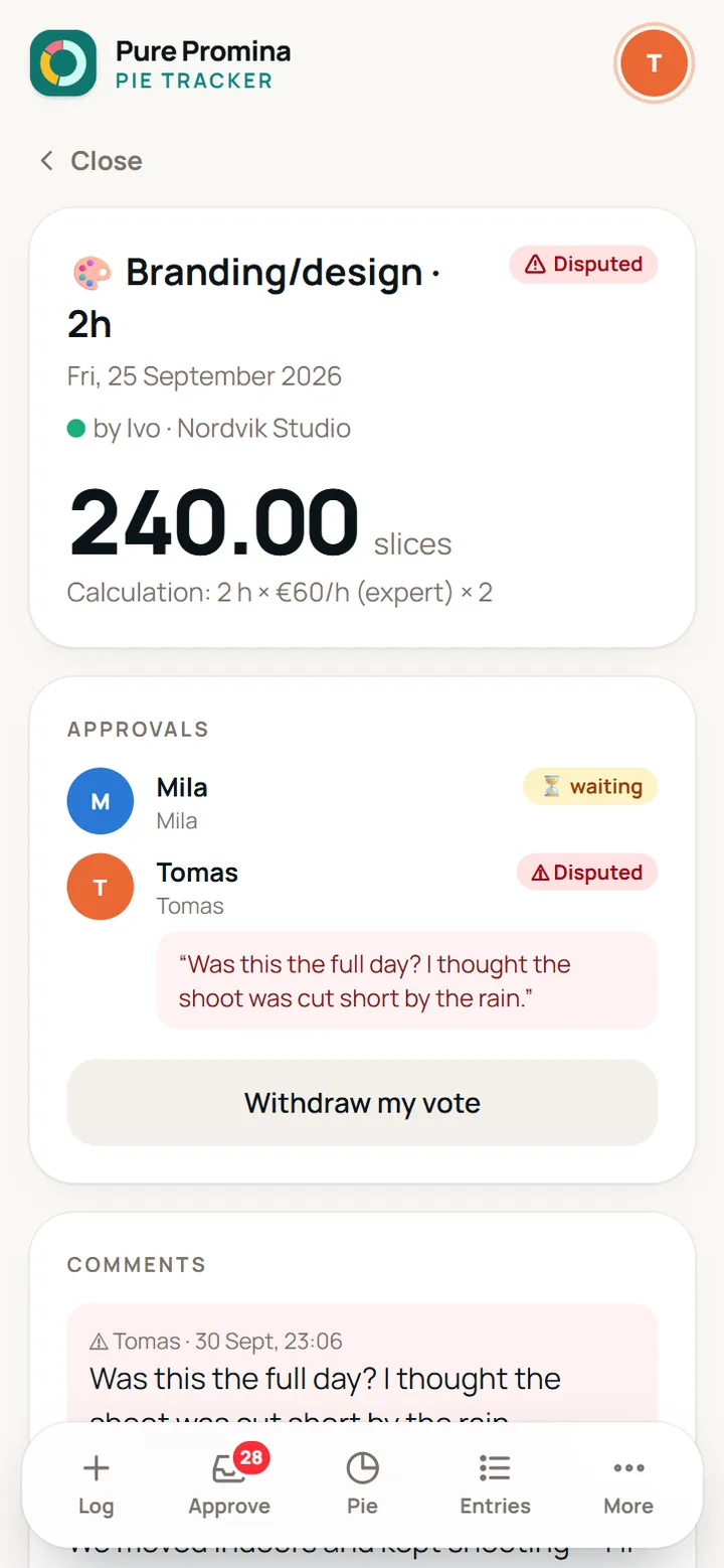 Pie Tracker: berekening, goedkeuringen en discussie per registratie