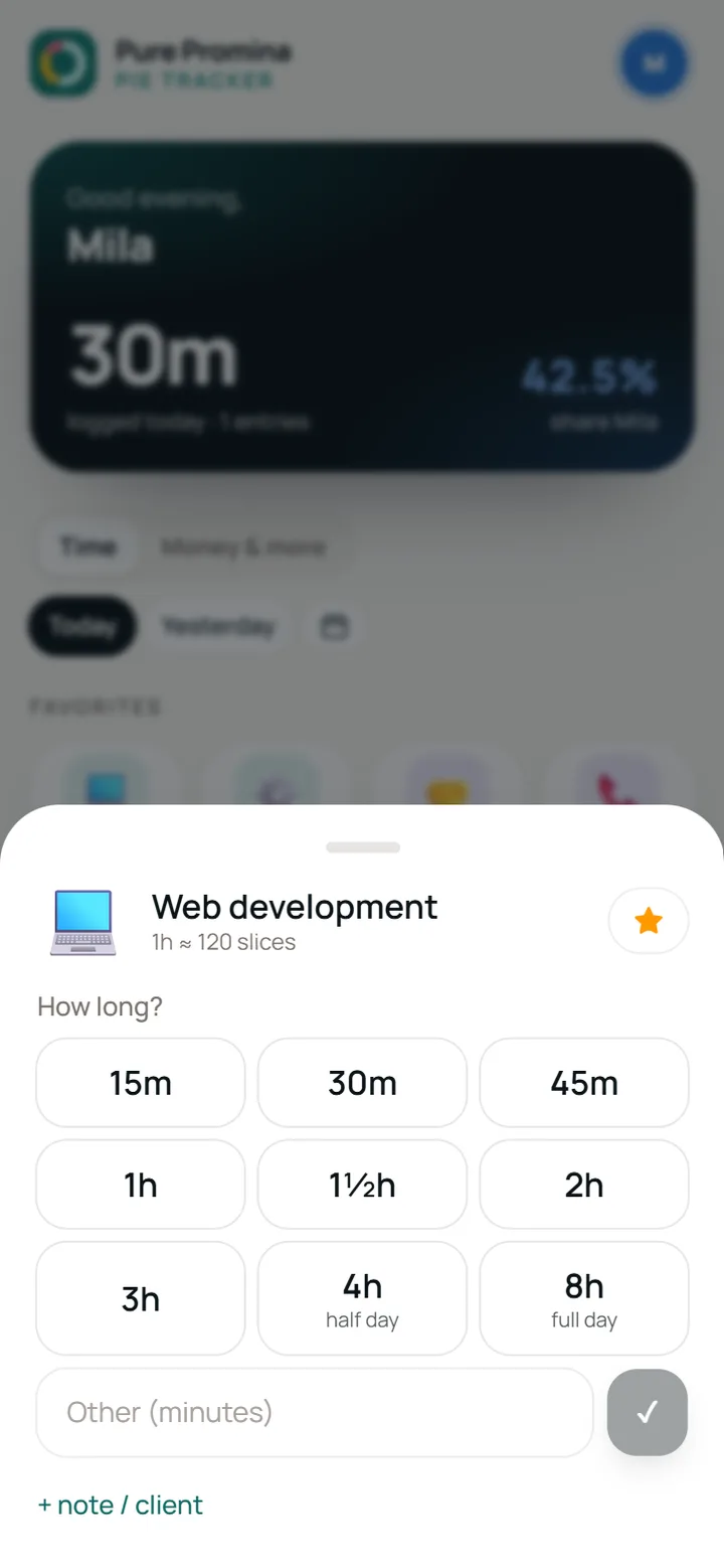 Pie Tracker: duur kiezen na een tik op een activiteit