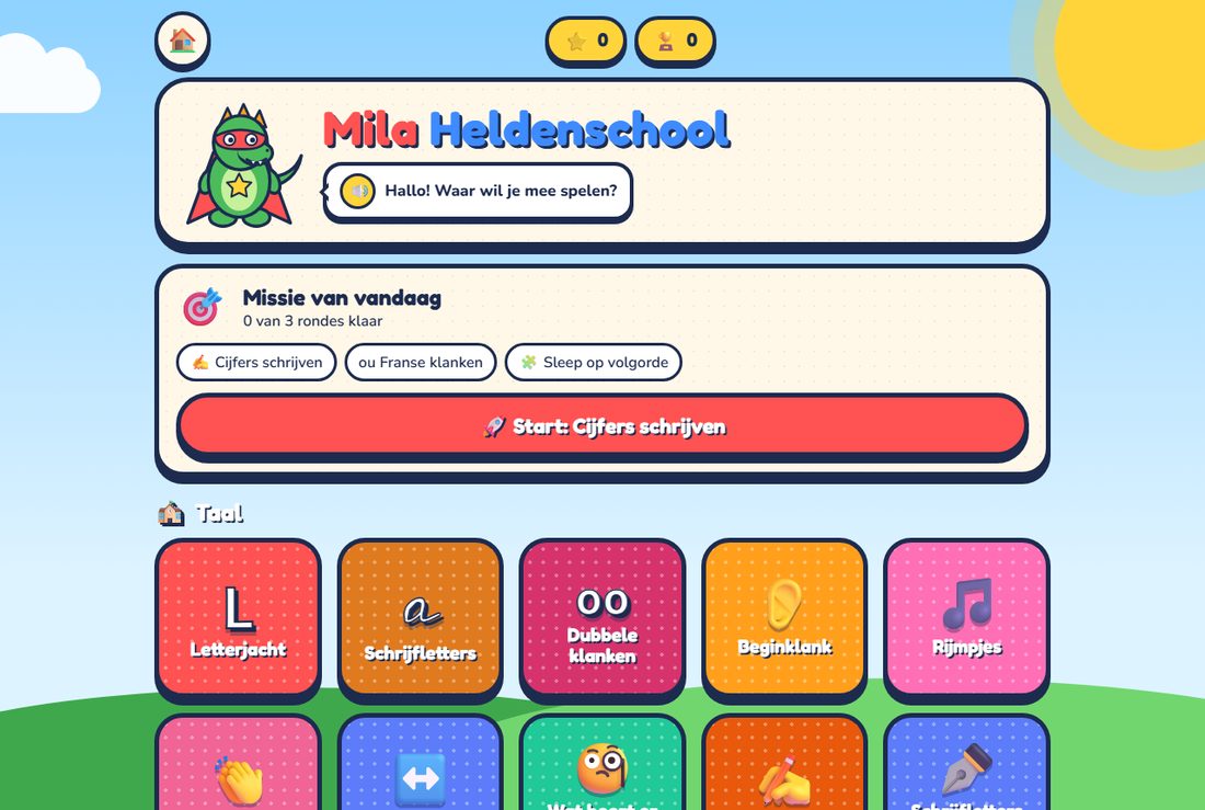Startscherm van de Heldenschool met Super-Dino en de missie van vandaag